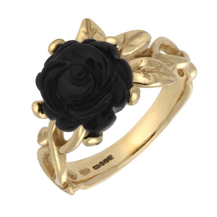9ct Yellow Gold Whitby Jet Tuberose 10mm Rose Leaf Twist Ring - Yellow Gold