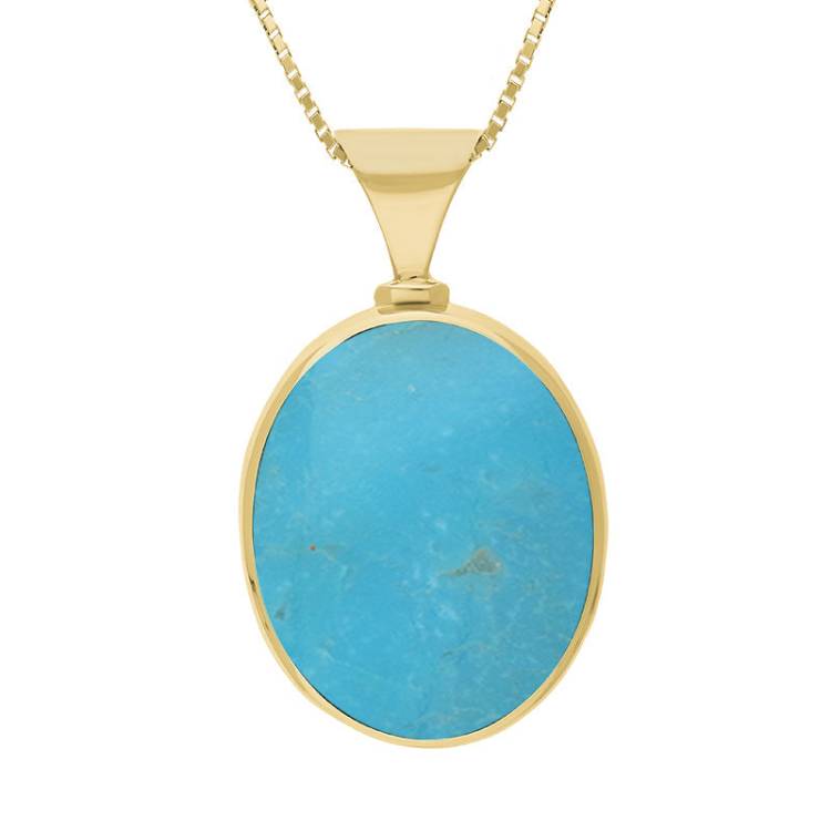 9ct Yellow Gold Whitby Jet Turquoise King's Coronation Hallmark Double Sided Oval Necklace