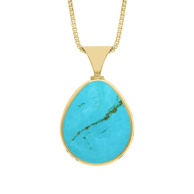 9ct Yellow Gold Whitby Jet Turquoise King's Coronation Hallmark Double Sided Pear-shaped Necklace