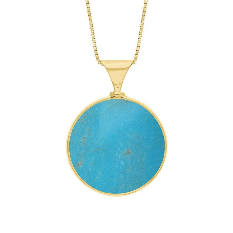 9ct Yellow Gold Whitby Jet Turquoise King's Coronation Hallmark Double Sided Round Necklace