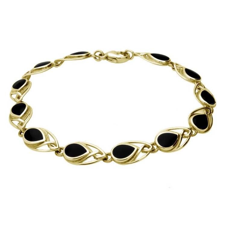 9ct Yellow Gold Whitby Jet Celtic Twelve Stone Pear Bracelet - Option1 Value Yellow Gold
