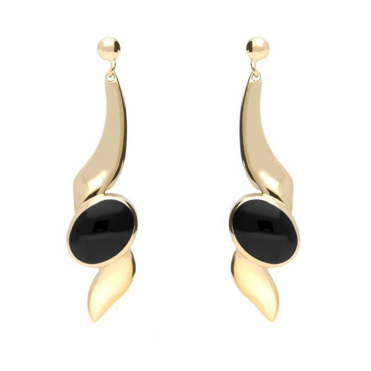 9ct Yellow Gold Whitby Jet Twist Drop Earrings - Yellow Gold