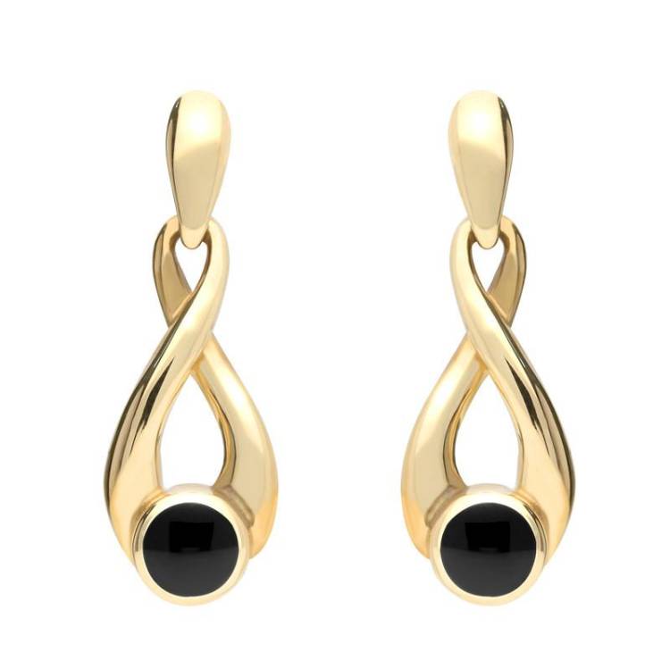 9ct Yellow Gold Whitby Jet Eternity Loop Drop Earrings - Yellow Gold