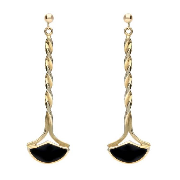 9ct Yellow Gold Whitby Jet Twisted Drop Earrings - Yellow Gold