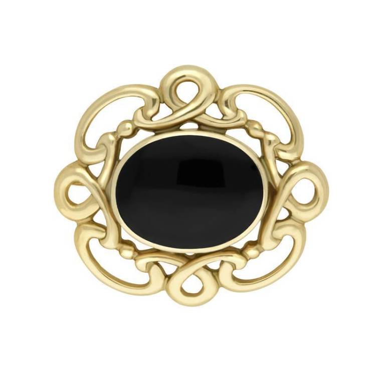9ct Yellow Gold Whitby Jet Twisted Rope Edge Brooch - Yellow Gold