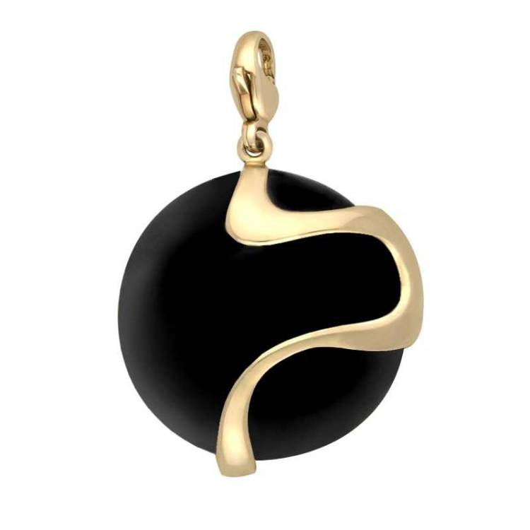 9ct Yellow Gold Whitby Jet Wavy Disc Large Charm - Yellow Gold