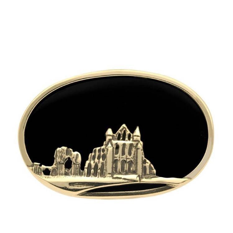 9ct Yellow Gold Whitby Jet Whitby Abbey Brooch - Yellow Gold