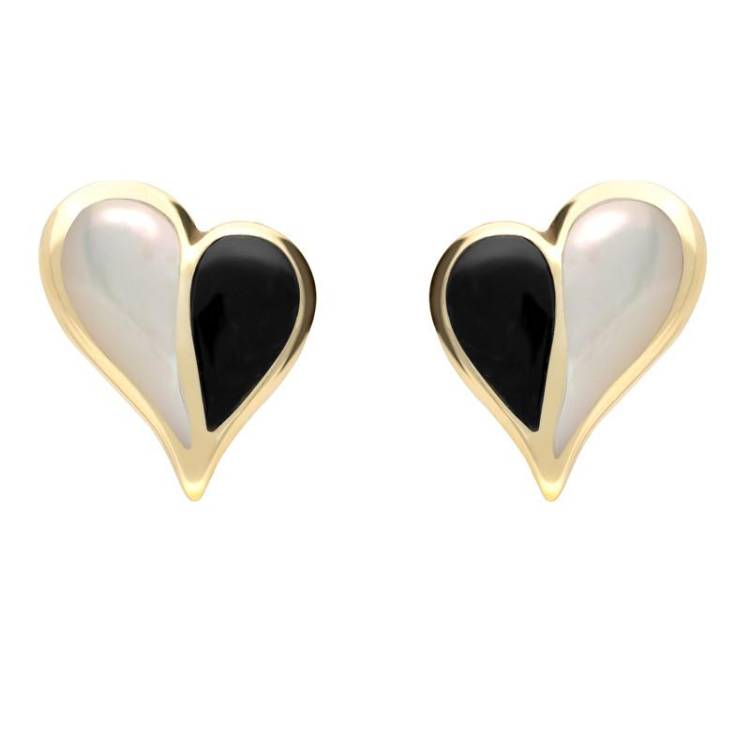 9ct Yellow Gold Whitby Jet Mother of Pearl Split Heart Stud Earrings - Yellow Gold