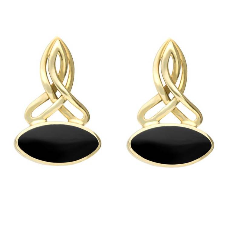 9ct Yellow Gold Whitby Jet Wide Marquise Celtic Stud Drop Earrings - Yellow Gold
