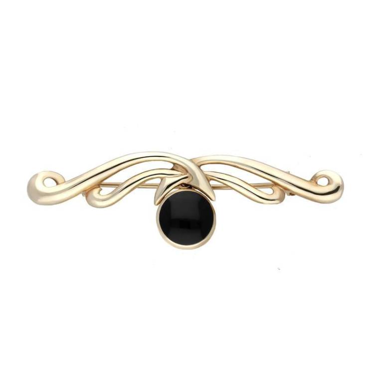 9ct Yellow Gold Whitby Jet Willow Drop Bar Brooch - Yellow Gold