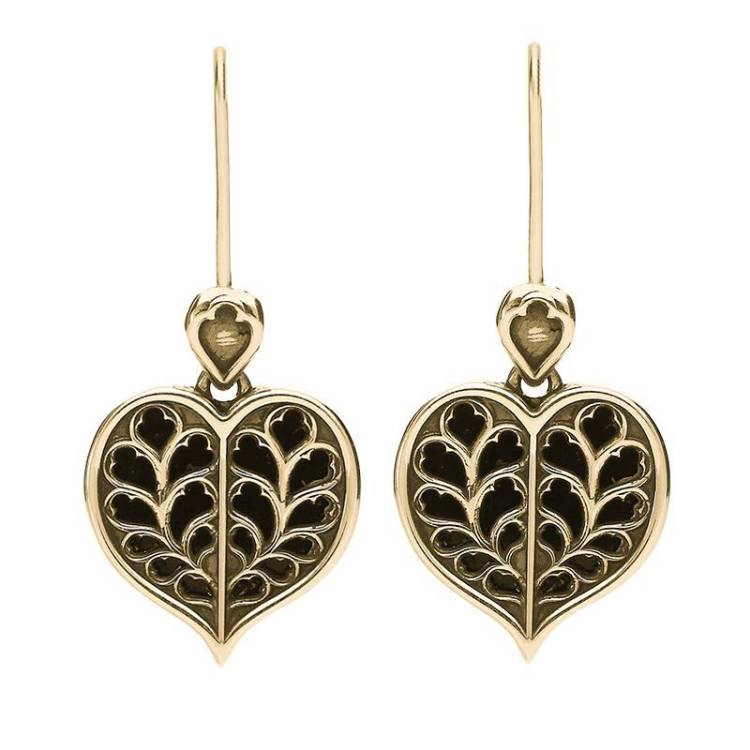 9ct Yellow Gold Whitby Jet York Minster Heart Hook Earrings - Yellow Gold