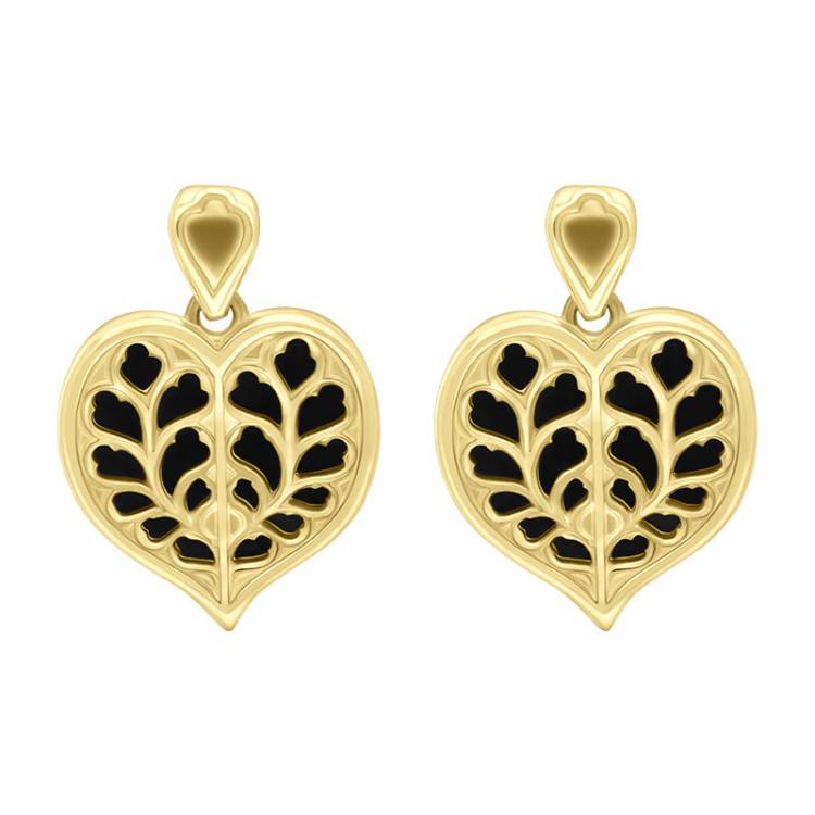 9ct Yellow Gold Whitby Jet York Minster Heart Stud Drop Earrings - Yellow Gold