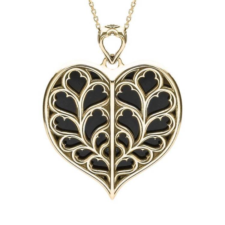 9ct Yellow Gold Whitby Jet York Minster Medium Heart Necklace - Yellow Gold