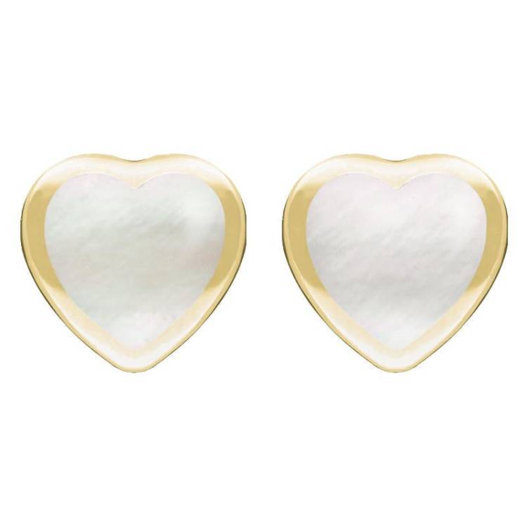 9ct Yellow Gold White Mother Of Pearl Large Framed Heart Stud Earrings - Yellow Gold