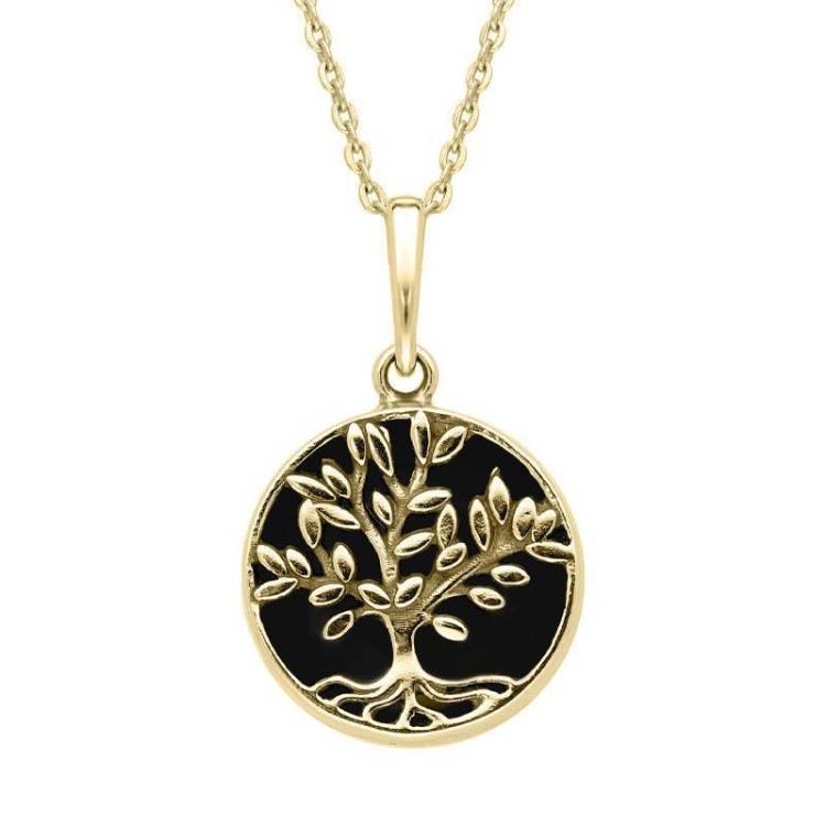 9ct Yellow Gold Whitby Jet Small Round Large Leaves Tree of Life Necklace