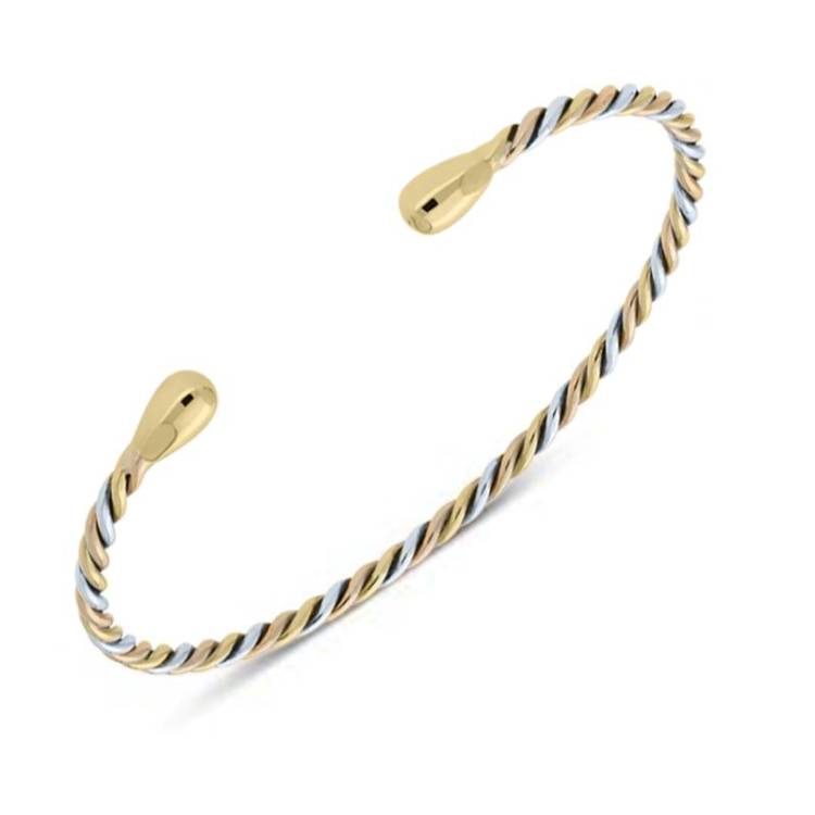 9ct Yellow, White and Rose Gold Twisted Torc Bangle - Yellow Gold