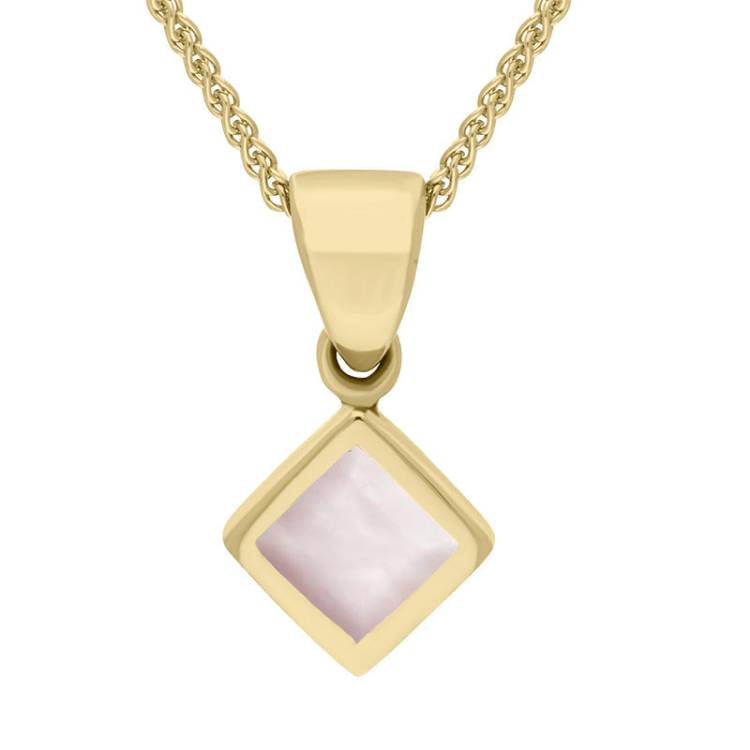 9ct Yellow Gold Pink Mother of Pearl Dinky Square Necklace - Yellow Gold