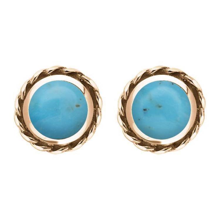 9ct Rose Gold Turquoise Round Twist Edge Stud Earrings