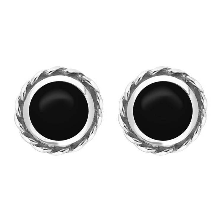 9ct White Gold Whitby Jet Round Twist Edge Stud Earrings
