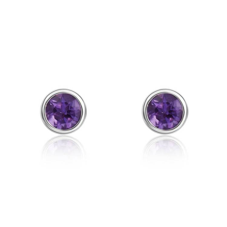 9ct White Gold Amethyst 3mm Round Rub Over Set Stud Earrings