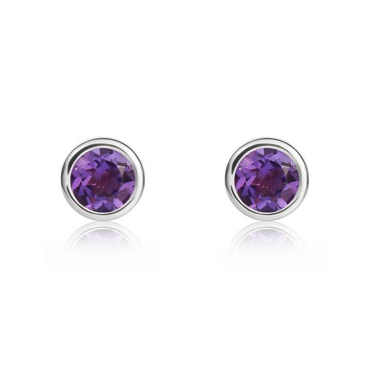 9ct White Gold Amethyst 4mm Round Rub Over Set Stud Earrings