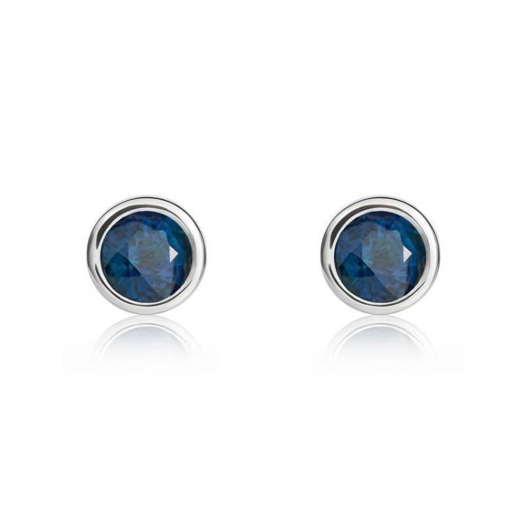 9ct White Gold Sapphire 4mm Round Rub Over Set Stud Earrings