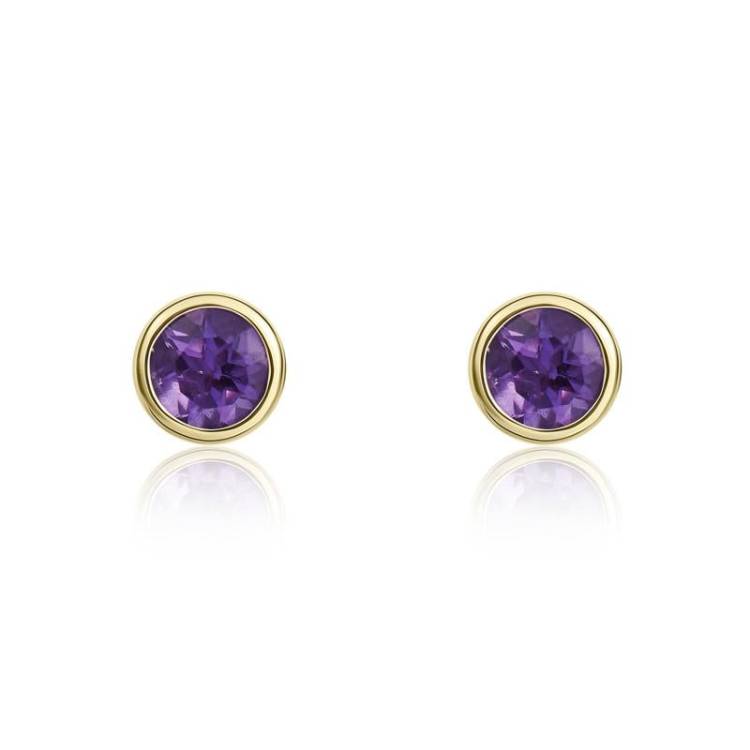 9ct Yellow Gold Amethyst 3mm Round Rub Over Set Stud Earrings