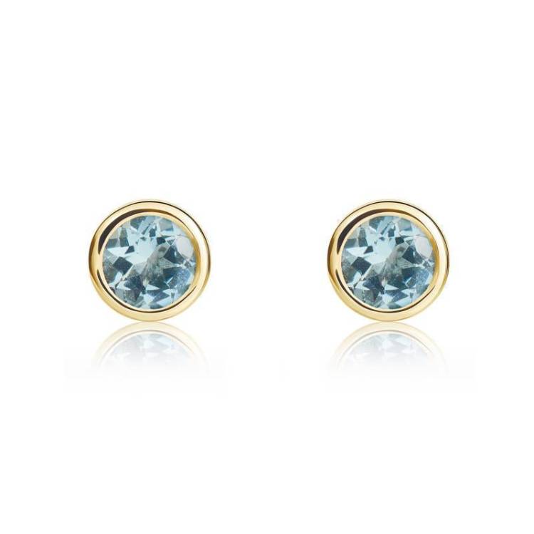 9ct Yellow Gold Aquamarine 4mm Round Rub Over Set Stud Earrings