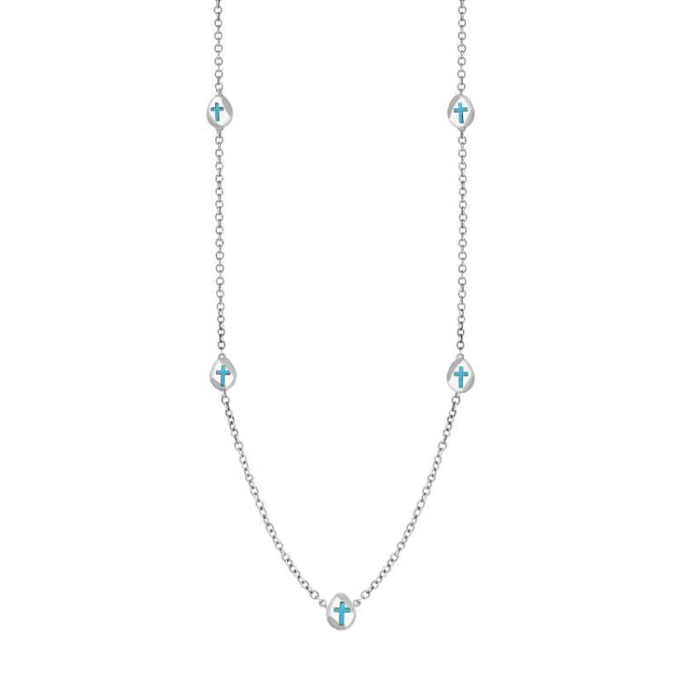 9ct White Gold Turquoise Cross Link Disc Chain Necklace - Option1 Value White Gold