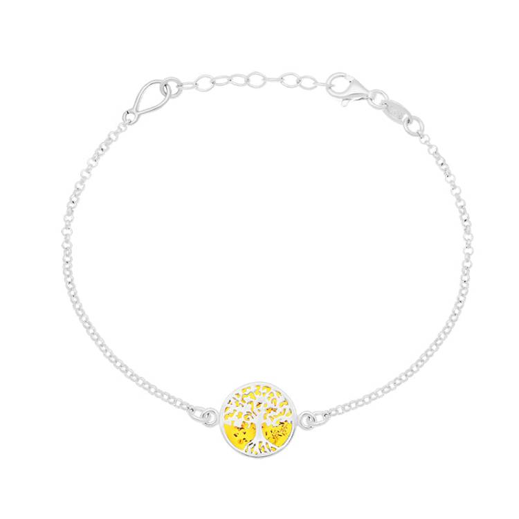 Sterling Silver Amber Round Tree of Life Chain Bracelet - Silver
