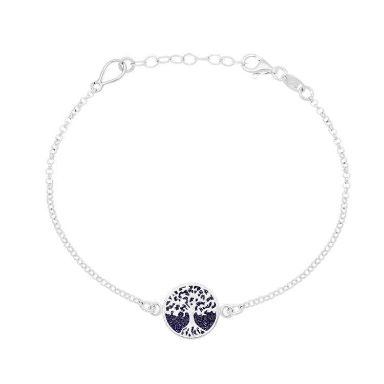 Sterling Silver Blue Goldstone Round Tree of Life Chain Bracelet - Silver