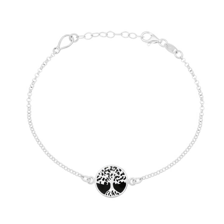 Sterling Silver Whitby Jet Round Tree of Life Chain Bracelet - Silver
