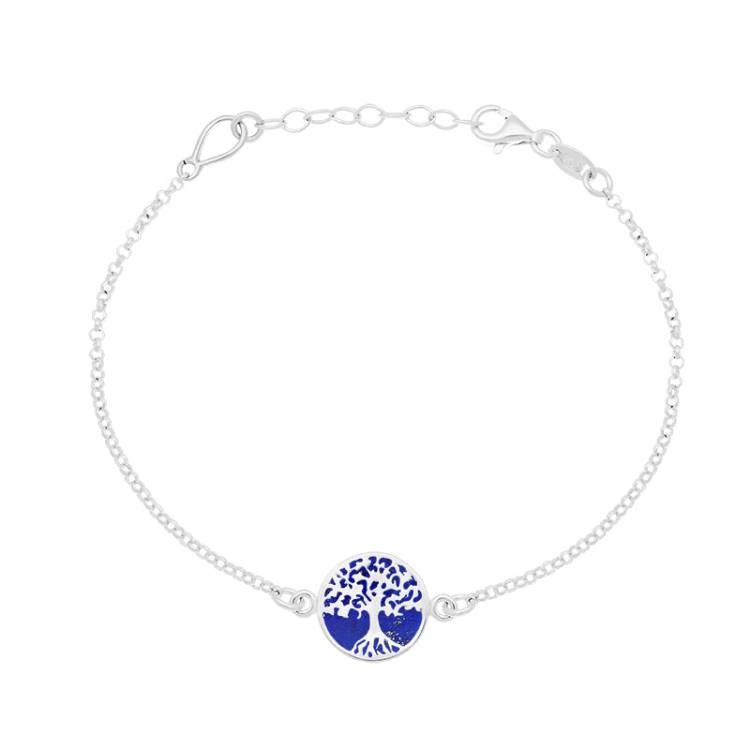 Sterling Silver Lapis Lazuli Round Tree of Life Chain Bracelet - Silver