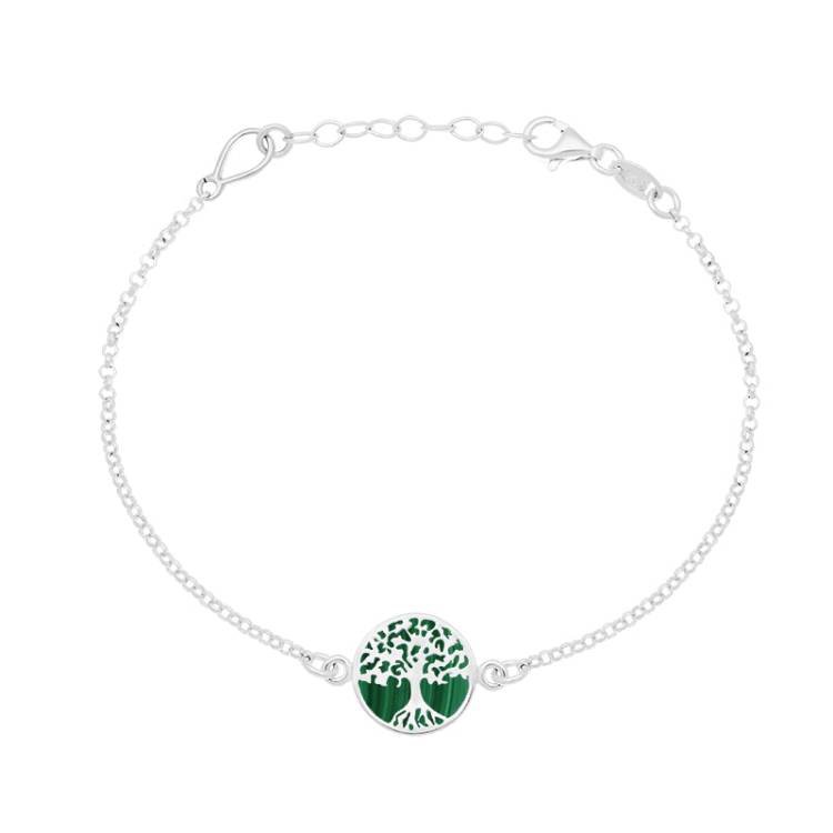 Sterling Silver Malachite Round Tree of Life Chain Bracelet - Silver