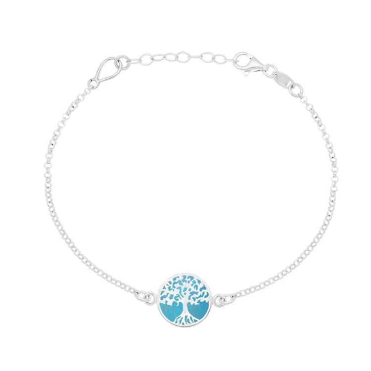 Sterling Silver Turquoise Round Tree of Life Chain Bracelet - Silver