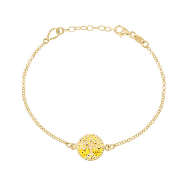 9ct Yellow Gold Amber Round Tree of Life Chain Bracelet - Gold