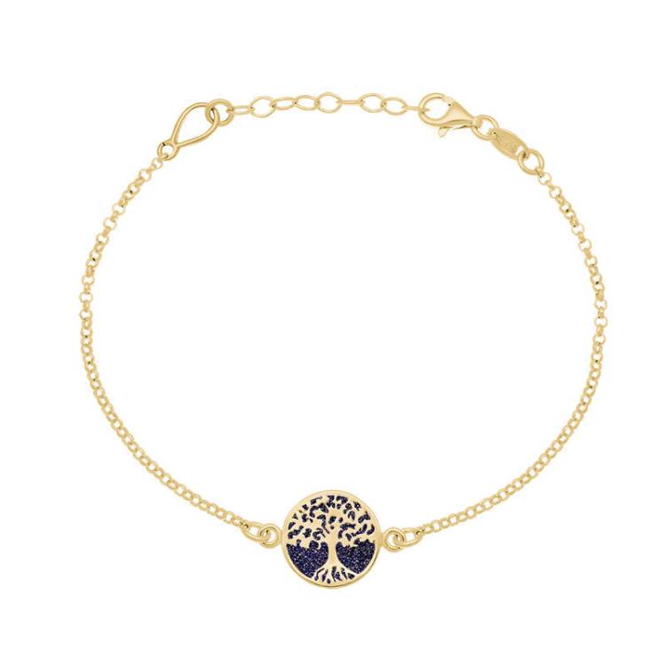 9ct Yellow Gold Blue Goldstone Round Tree of Life Chain Bracelet - Gold