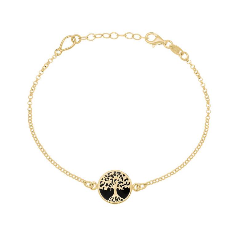 9ct Yellow Gold Whitby Jet Round Tree of Life Chain Bracelet - Gold
