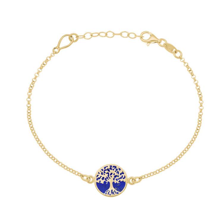 9ct Yellow Gold Lapis Lazuli Round Tree of Life Chain Bracelet - Gold