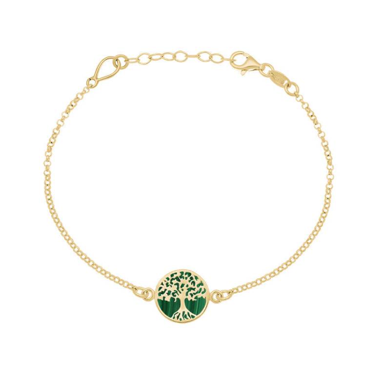 9ct Yellow Gold Malachite Round Tree of Life Chain Bracelet - Gold