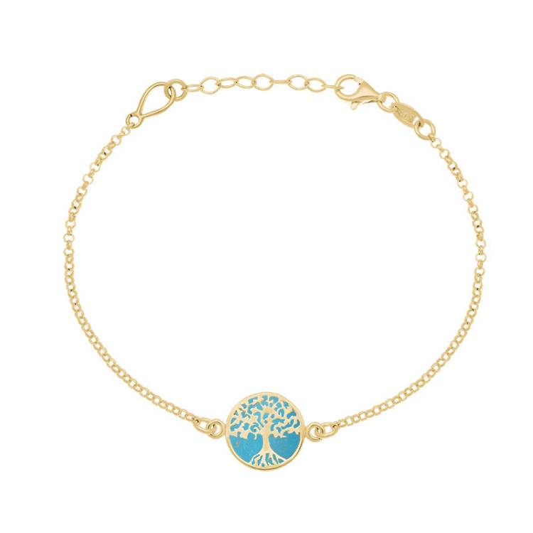 9ct Yellow Gold Turquoise Round Tree of Life Chain Bracelet - Gold