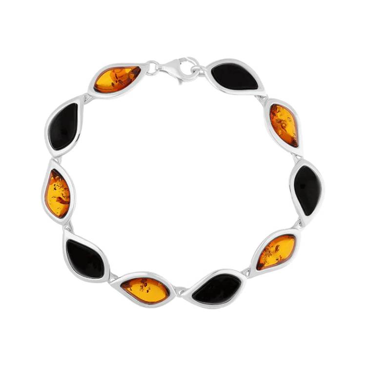 Sterling Silver Whitby Jet Amber Ten Stone Small Leaf Bracelet - Silver