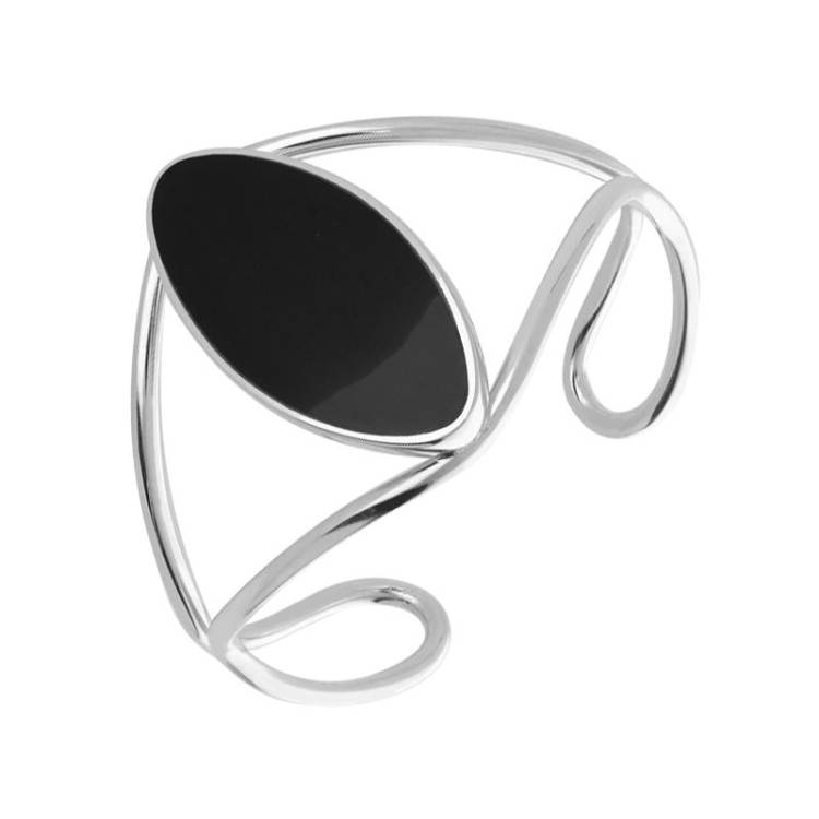 Sterling Silver Whitby Jet Oval Wire Cuff Bangle