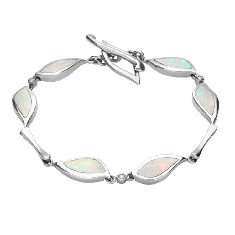 18ct White Gold Opal 0.21ct Diamond Six Stone Leaf Bracelet D