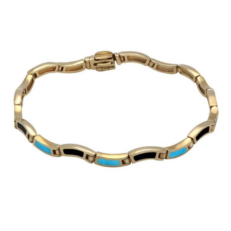 9ct Yellow Gold Whitby Jet Turquoise Eighteen Stone Wavy Link Bracelet