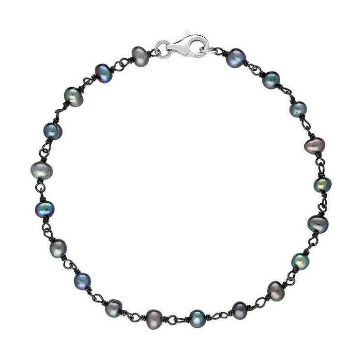 Sterling Silver Black Pearl Bead Chain Link Bracelet