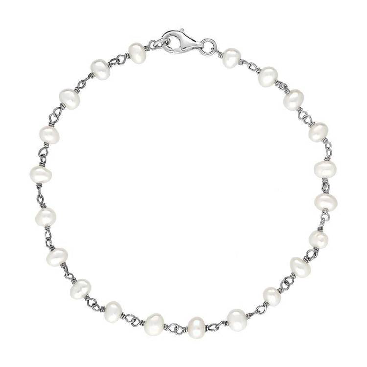Sterling Silver White Pearl Bead Chain Link Bracelet