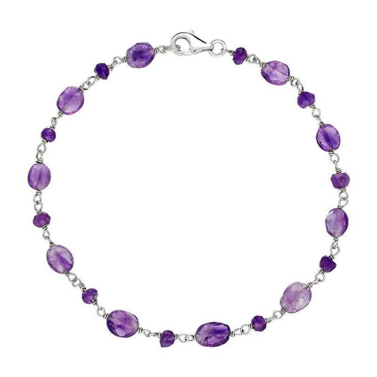 Sterling Silver Amethyst Bead Chain Link Bracelet