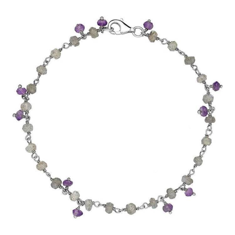 Sterling Silver Labradorite Amethyst 4mm Bead Chain Link Bracelet