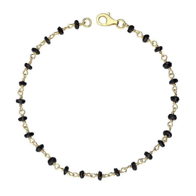 Yellow Gold Plated Sterling Silver Whitby Jet 4mm Bead Chain Link Bracelet